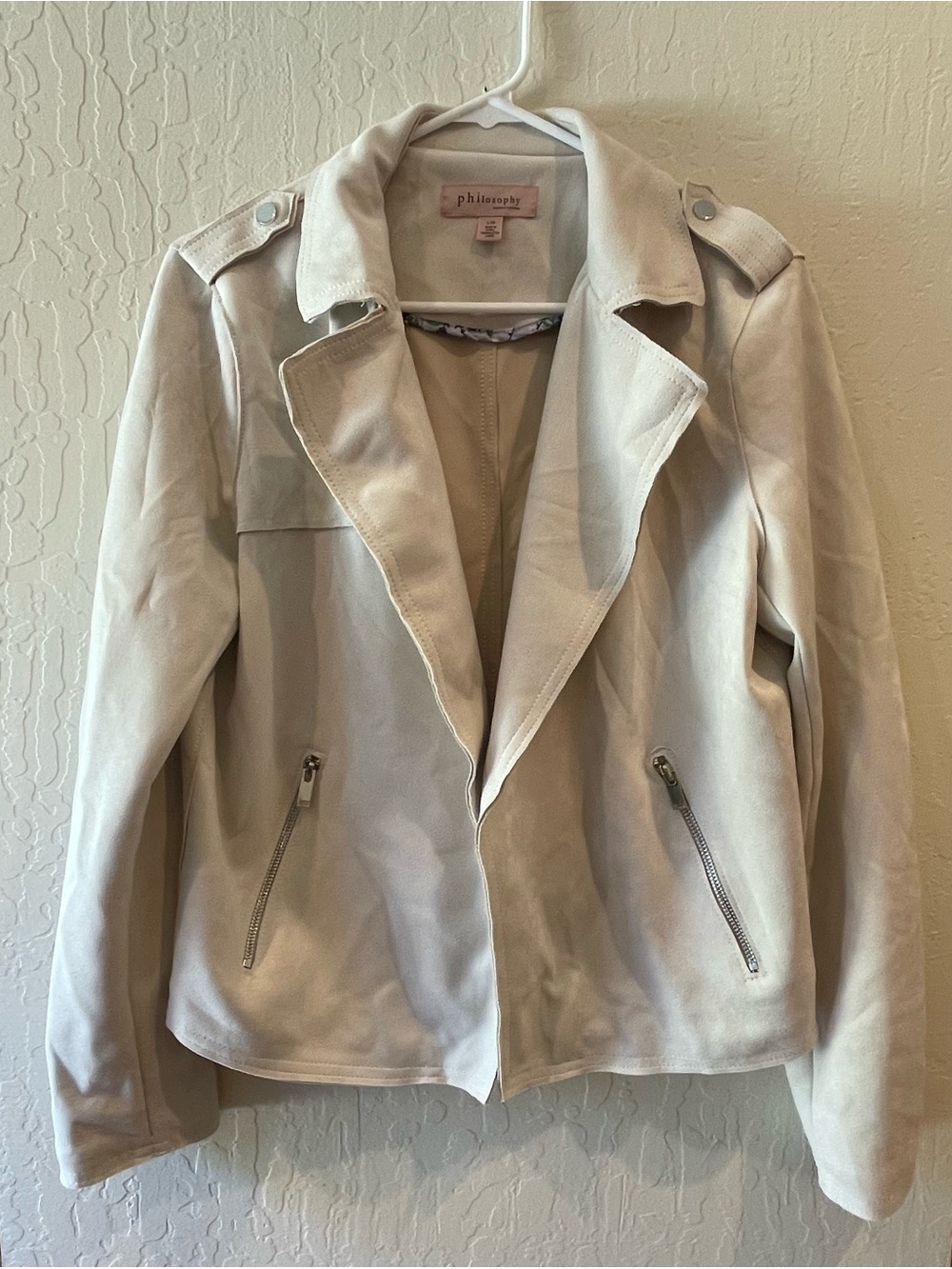 Philosophy Soft Beige Suede-Style Moto Blazer